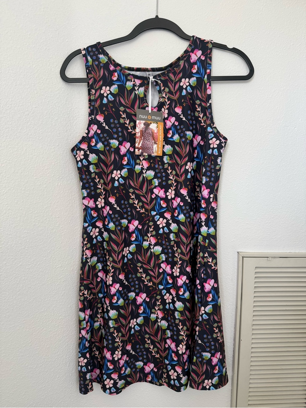 Nuu-Muu Women's Sleeveless Floral A-Line Dress in Black with Pink & Blue Flowers